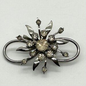 Vintage Clear Rhinestone Brooch Infinity Starburst Floral Pin Silver-tone MCM